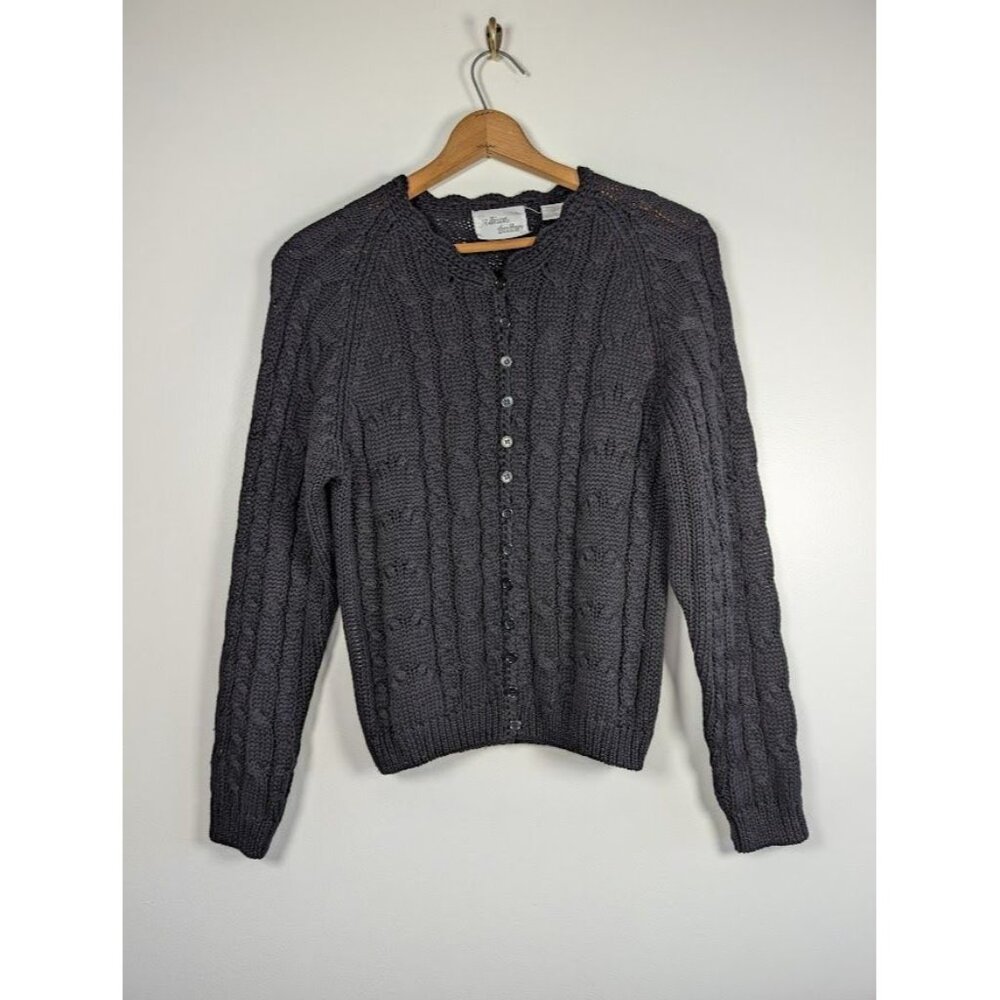 Vintage Cable Knit Sweater Cardigan Large Dark Cottagecore Whimsigoth Chunky EUC